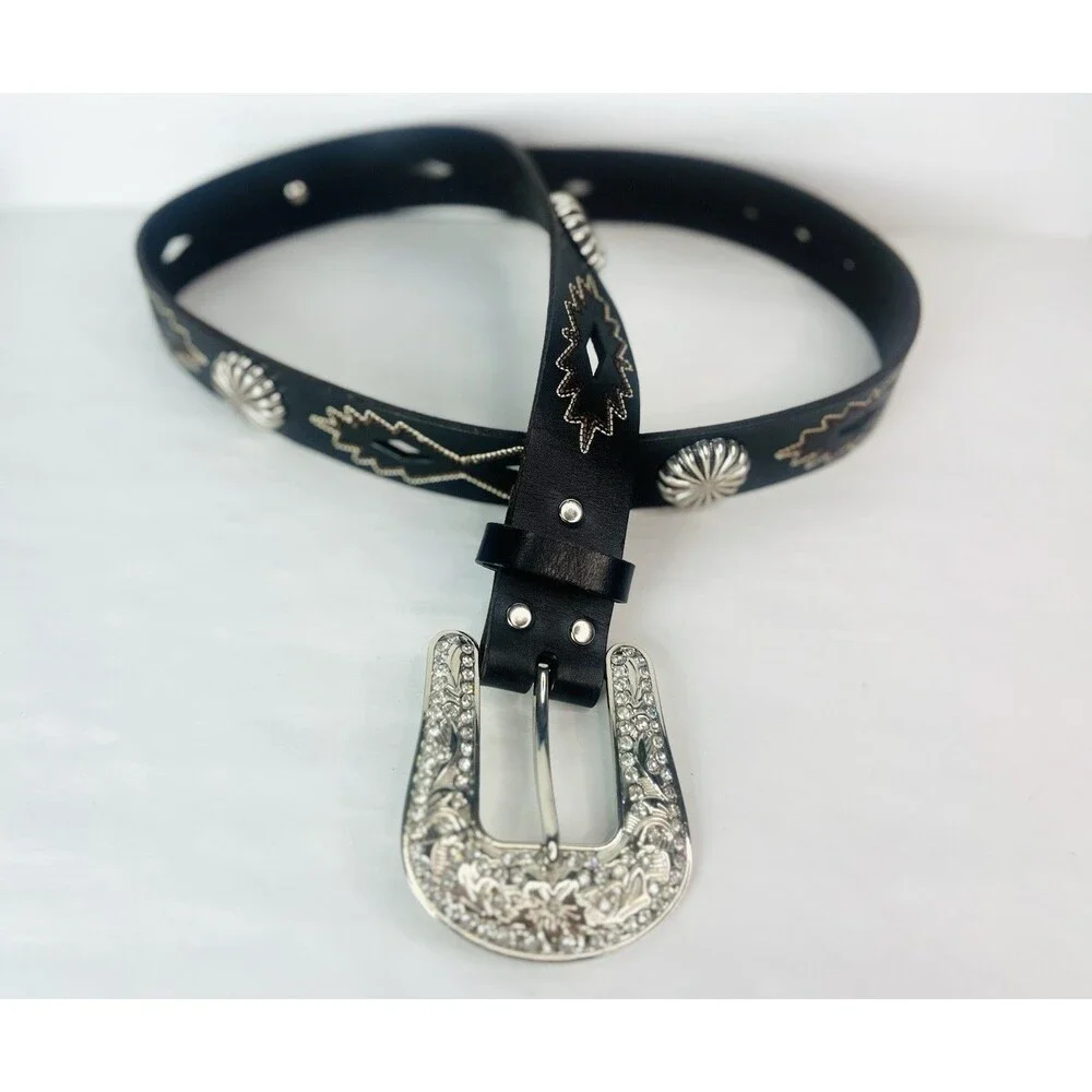 Nocona Women’s Medium Western Leather Boho Silvertone Buckle Rhinestone Belt